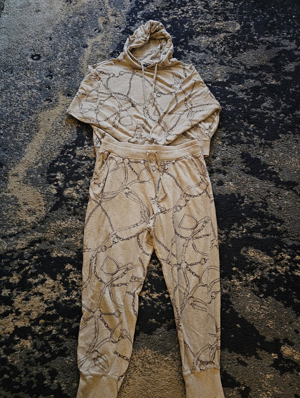 Lauren Ralph Lauren Beige Chain 2pc Print Hoodie & Pants Sweatsuit Set M/L